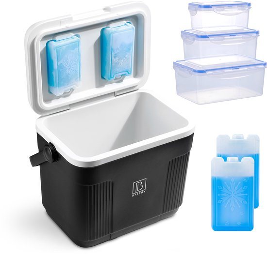 Brisby Koelbox - Frigobox - 22L - Zwart - Tot maximaal 40 uur isolatie - Incl. 4 dikke koelelementen van 450ml en 3 Delige Set Vershoudbakjes - Temperatuur veilige sluiting - Met koelelementen vergrendeld in deksel