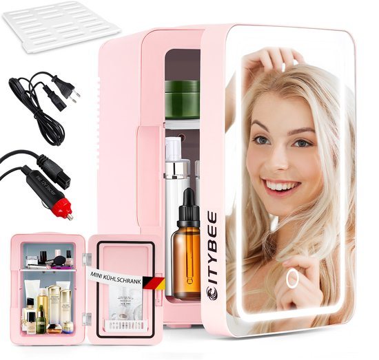 NETTLIFE Skincare Fridge - Make-up koelkast - Mini Koelkast - Roze - Stil - Skincare Koelkast met spiegel en verlichting - 12V en 230V - voor Auto | kamer - 6 Liter