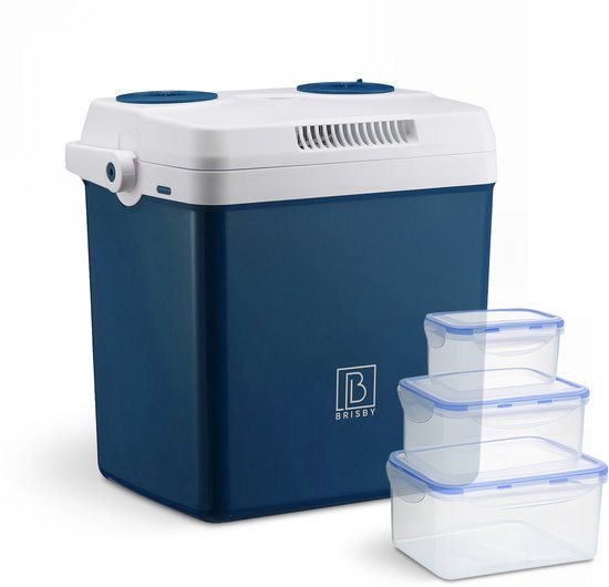 Brisby 25 Liter Elektrische Koelbox, Frigobox Deluxe met 12V, 220/230 Volt Aansluiting voor Auto en Camping – AC/DC - Coolbox - Divider en Deksel vergrendelstand - BLAUW