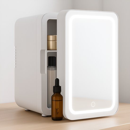 NETTLIFE Skincare Fridge - Mini Koelkast - Make-up Koelkast met Spiegel - Skincare Koelkast met LED Verlichting - Wit - Stil - Beauty Fridge - voor Auto | kamer - 6 Liter
