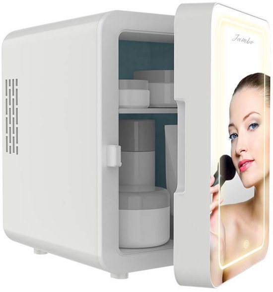 Jambo® Skincare Fridge - Mini Koelkast - Make-up Koelkast met Spiegel - Beauty Fridge met Spiegel en 3 Standen Ledverlichting - Wit - Cosmetica - 4 Liter