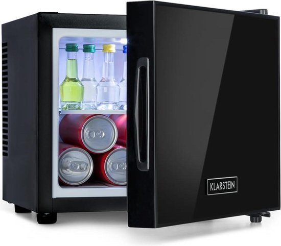 Klarstein Frosty - Vrijstaande Mini-Koelkast - 10 Liter - Losse Glazen Bodemplaat - 33dB - Koele Frisheid - Voor Gastkamers Of Slaapkamers - Glansrijk - Thermo-Elektrisch Koelsysteem - Spiegelglasdeur - Praktisch - Elegant - Zwart