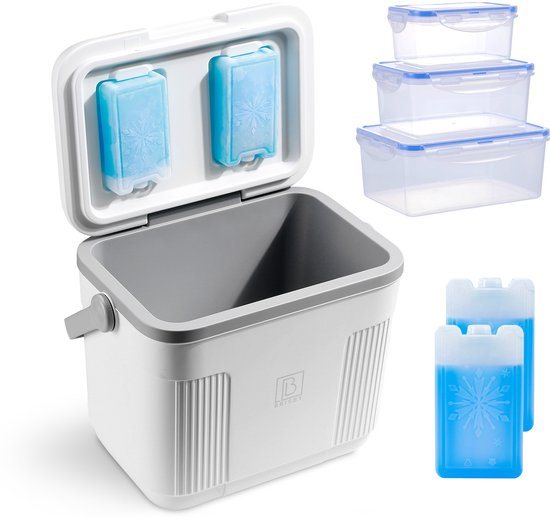 Brisby Koelbox - Frigobox - 22L - Wit - Tot maximaal 40 uur isolatie - Incl. 4 dikke koelelementen van 450ml en 3 Delige Set Vershoudbakjes - Temperatuur veilige sluiting - Met koelelementen vergrendeld in deksel